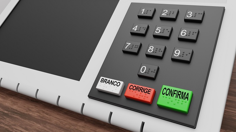 3d rendering of numeric keypad of electronic ballot box used in Brazil, with braille and buttons with writings in Portuguese: “white”, “correct” and “confirm”